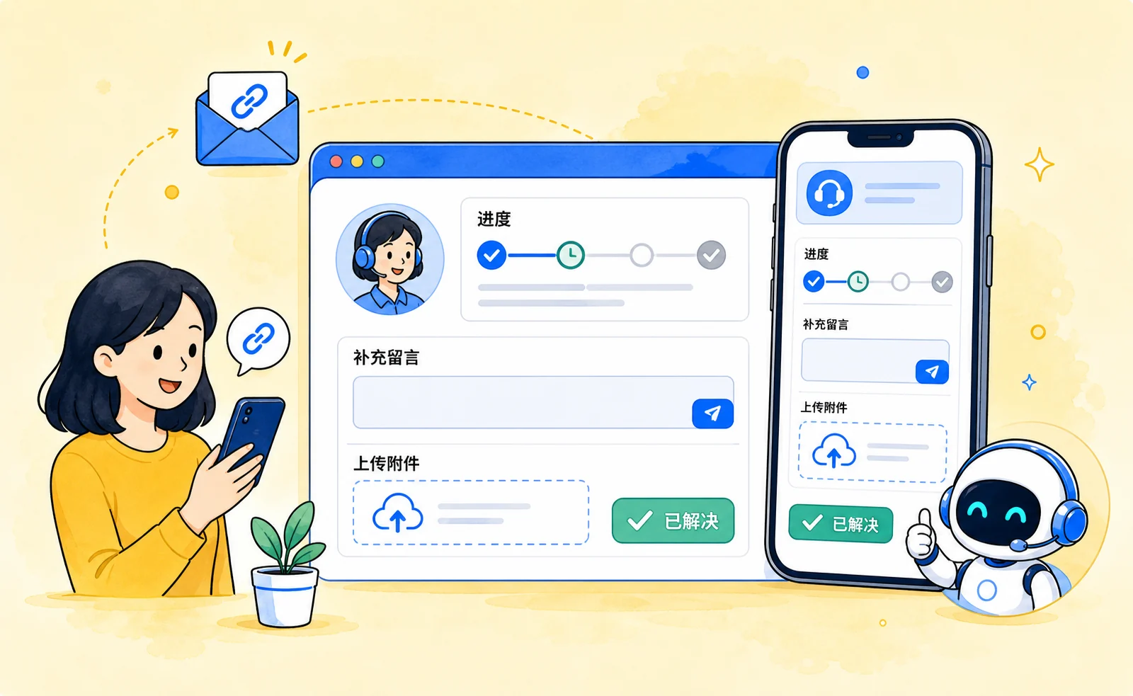 客户通过公开页查看工单进度、补充留言和上传附件的插画